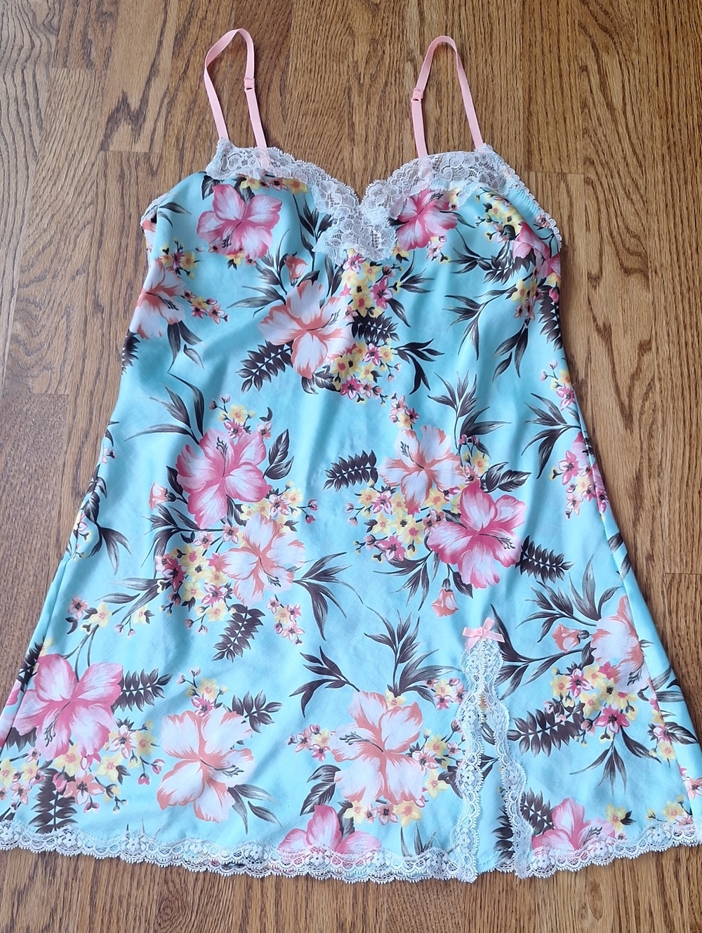 Victoria's Secret Baby Blue Floral Lace Trim Mini Chemise Slip Dress M